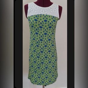 Tracy Negoshian Large Sleeveless Dress Lace Trim Green and Blue